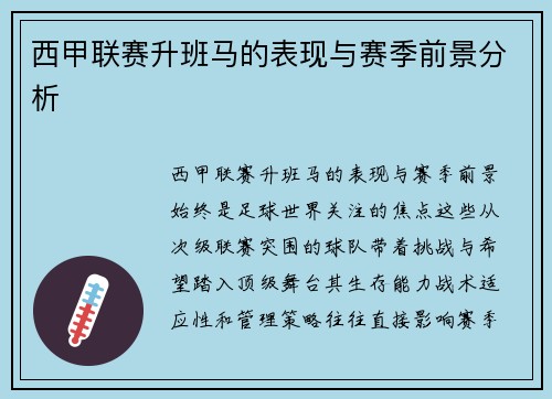 西甲联赛升班马的表现与赛季前景分析